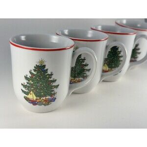 Cuthbertson American Christmas Tree Mugs Set of 4 Red Rim Holiday Cups